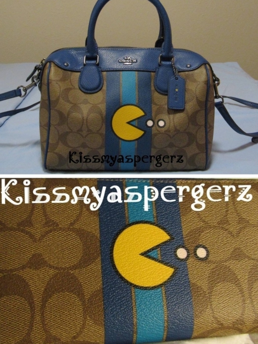 RARE HTF Limited Edition Coach x Pac Man Blue & Tan Crossbody Satchel & Wallet